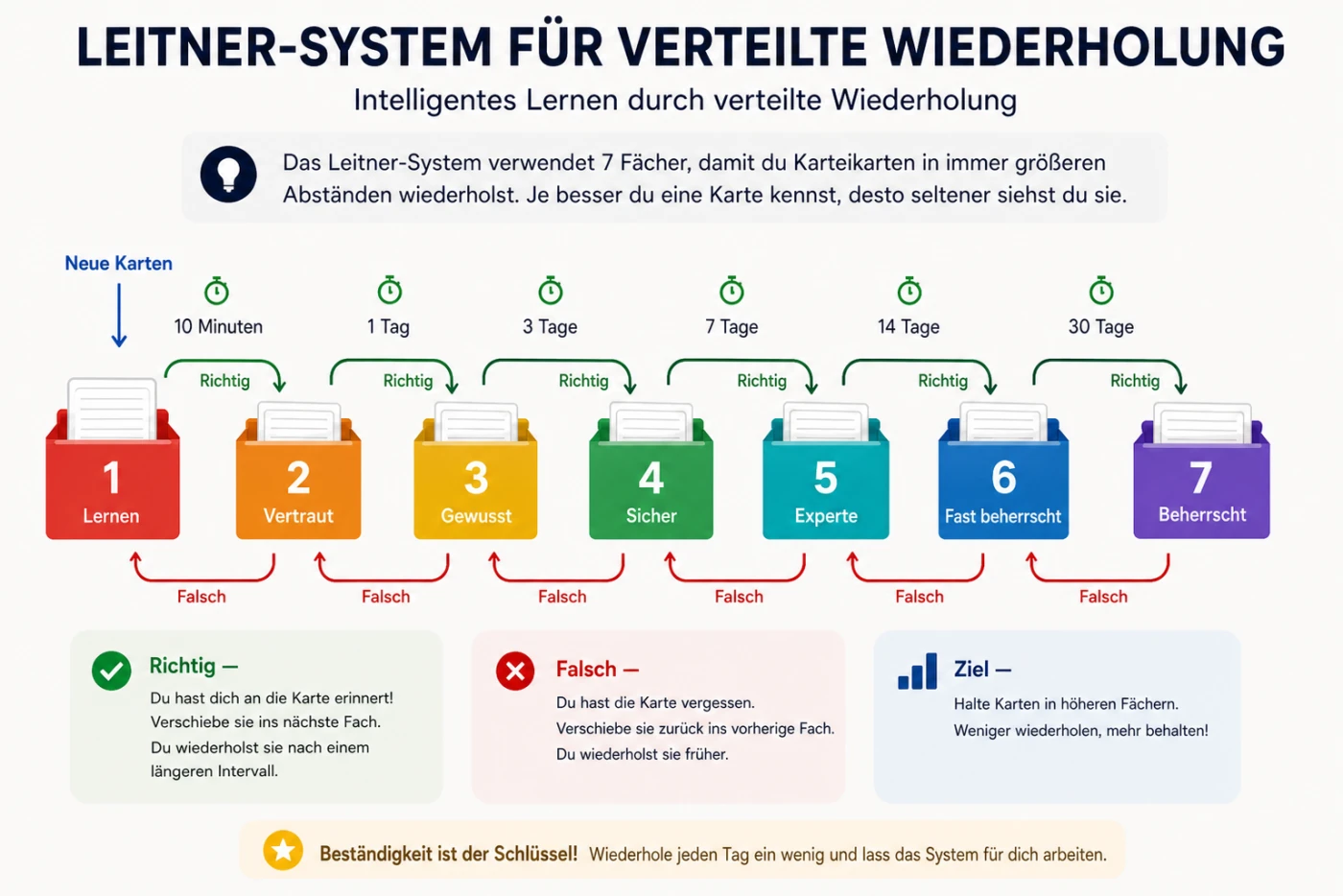Das Leitner-System der verteilten Wiederholung: sieben Fächer — Lernen, Vertraut, Gewusst, Sicher, Experte, Fast beherrscht, Beherrscht — mit Wiederholungen nach 10 Minuten, 1 Tag, 3, 7, 14 und 30 Tagen. Eine richtige Antwort bringt die Karte ins nächste Fach, eine falsche zurück ins vorherige.