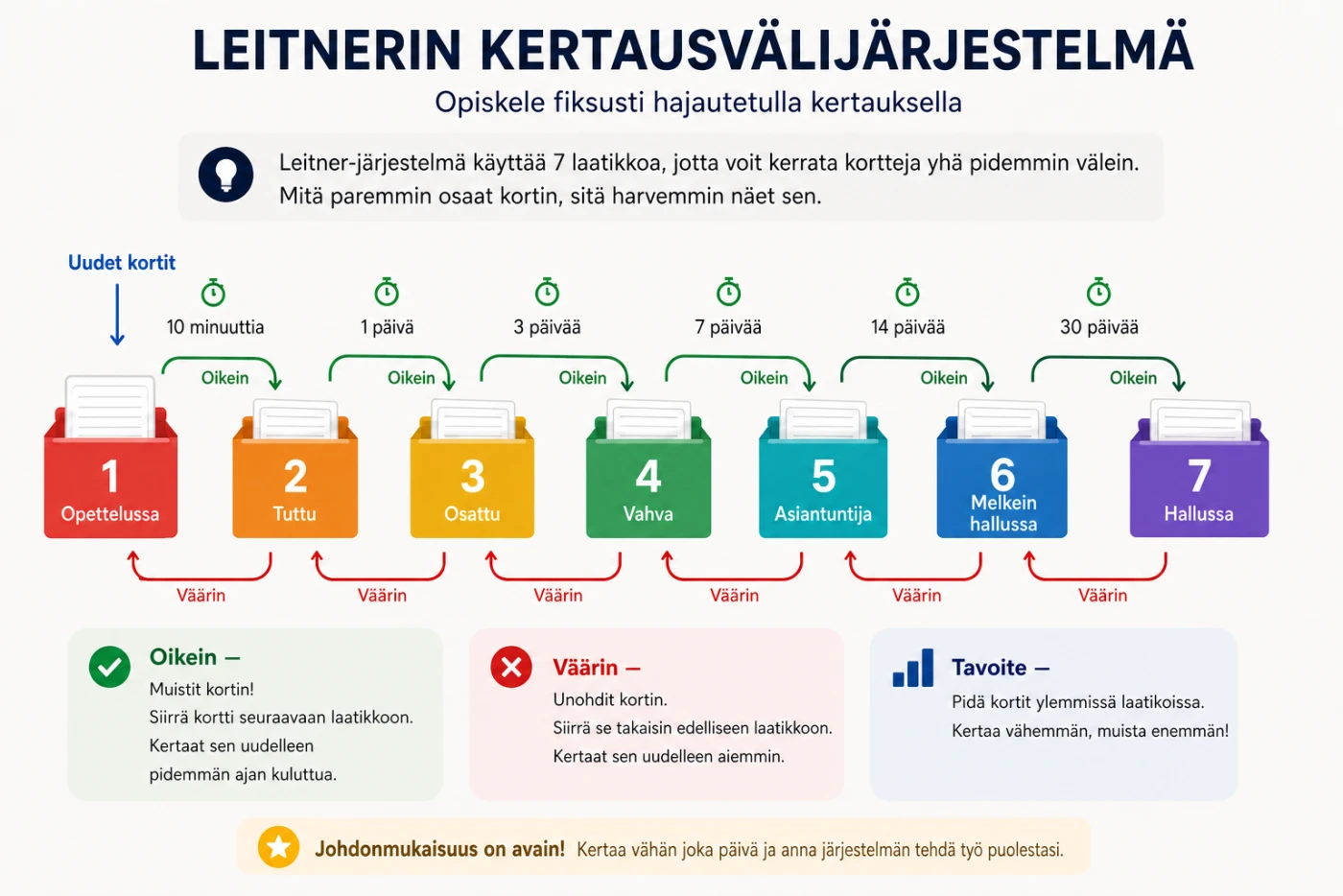 Leitnerin kertausvälijärjestelmä: seitsemän laatikkoa – Opettelussa, Tuttu, Osattu, Vahva, Asiantuntija, Melkein hallussa, Hallussa – kerrataan 10 minuutin, 1 päivän sekä 3, 7, 14 ja 30 päivän kuluttua. Oikea vastaus siirtää kortin seuraavaan laatikkoon, väärä palauttaa sen edelliseen.