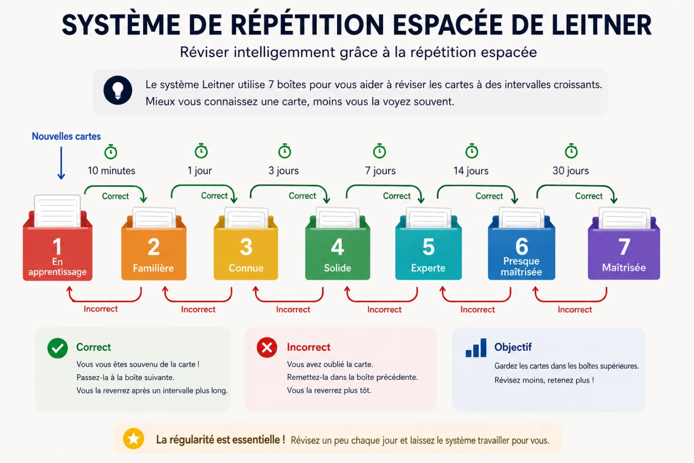 Le système de répétition espacée de Leitner : sept boîtes — En apprentissage, Familière, Connue, Solide, Experte, Presque maîtrisée, Maîtrisée — révisées après 10 minutes, 1 jour, 3, 7, 14 et 30 jours. Une bonne réponse fait passer la carte à la boîte suivante ; une mauvaise réponse la renvoie à la précédente.