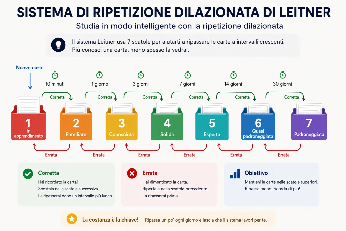 Il sistema di ripetizione dilazionata di Leitner: sette scatole — In apprendimento, Familiare, Conosciuta, Solida, Esperta, Quasi padroneggiata, Padroneggiata — ripassate dopo 10 minuti, 1 giorno, 3, 7, 14 e 30 giorni. Una risposta corretta porta la carta alla scatola successiva; una risposta errata la riporta a quella precedente.