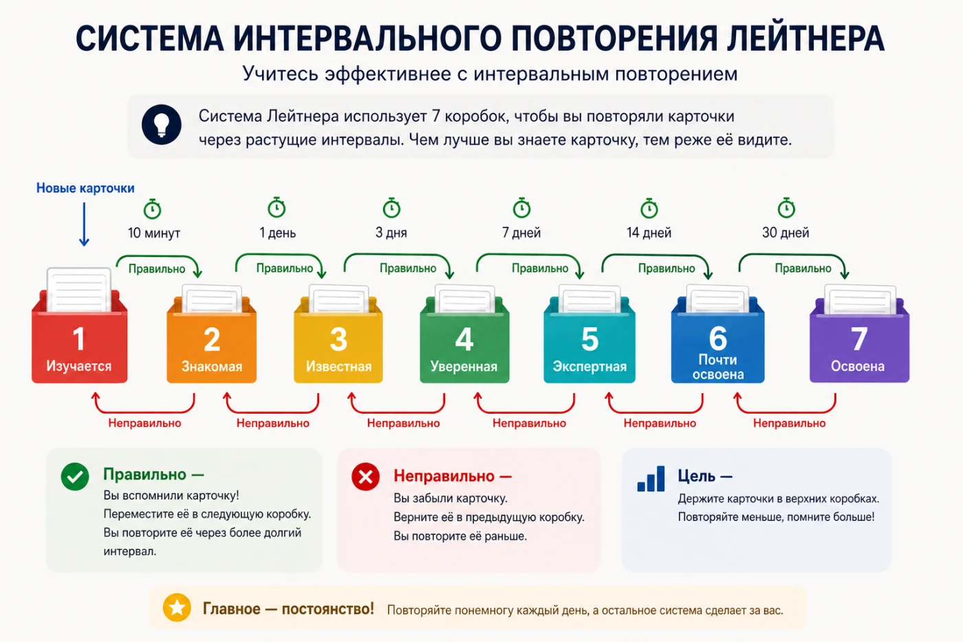 Система интервального повторения Лейтнера: семь коробок — «Изучается», «Знакомая», «Известная», «Уверенная», «Экспертная», «Почти освоена», «Освоена» — с повторениями через 10 минут, 1 день, а также 3, 7, 14 и 30 дней. Правильный ответ переводит карточку в следующую коробку, неправильный возвращает в предыдущую.