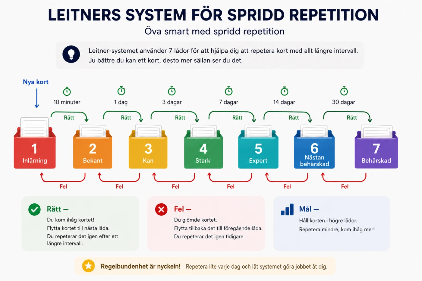 Leitners system för spridd repetition: sju lådor – Inlärning, Bekant, Kan, Stark, Expert, Nästan behärskad, Behärskad – som repeteras efter 10 minuter, 1 dag samt 3, 7, 14 och 30 dagar. Ett rätt svar flyttar kortet till nästa låda; ett fel svar skickar det tillbaka till den föregående.