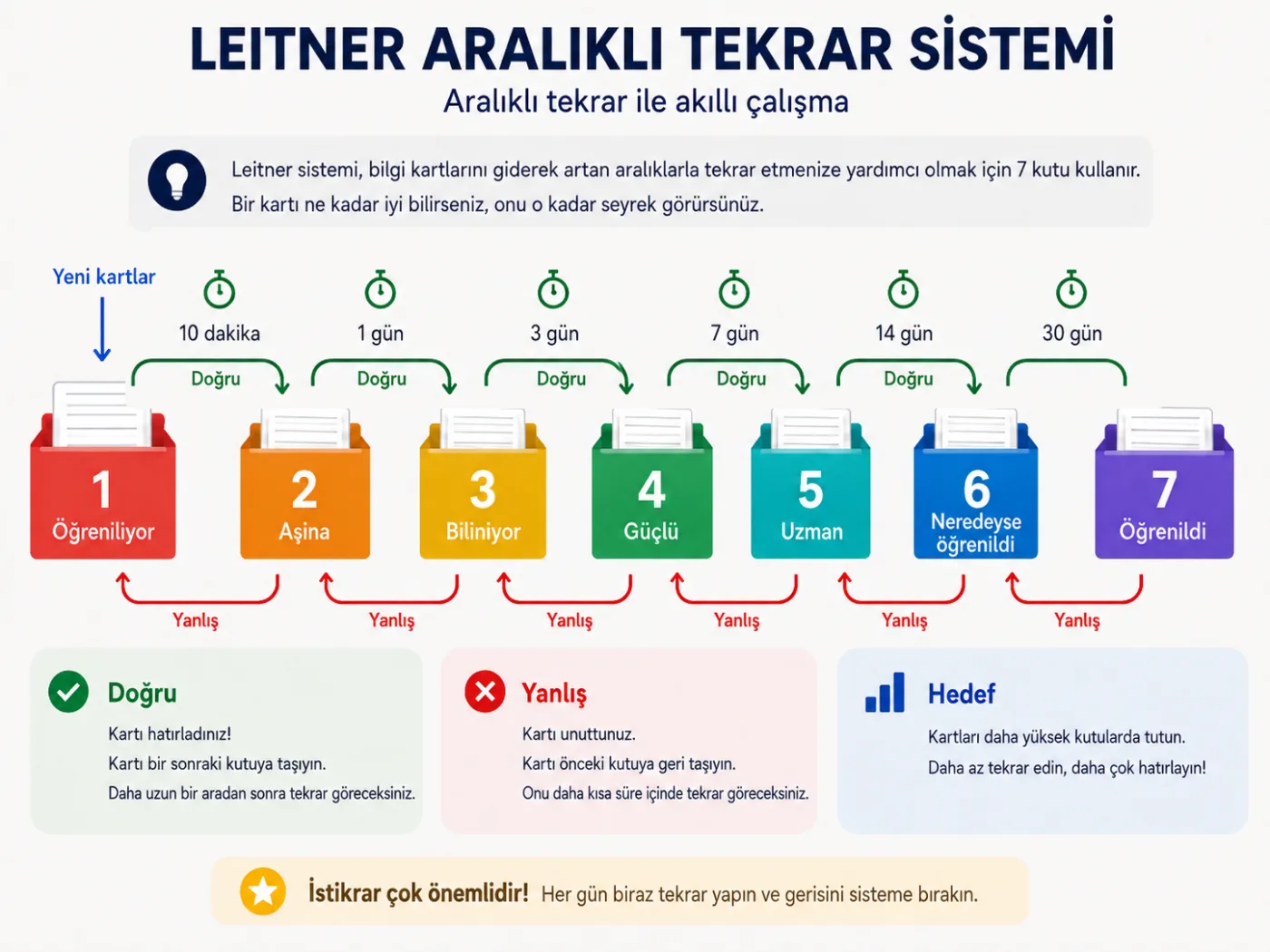 Leitner aralıklı tekrar sistemi: yedi kutu; tekrar aralıkları 10 dakika, 1 gün, 3, 7, 14 ve 30 gün. Doğru cevap kartı bir üst kutuya taşır, yanlış cevap bir önceki kutuya geri gönderir.