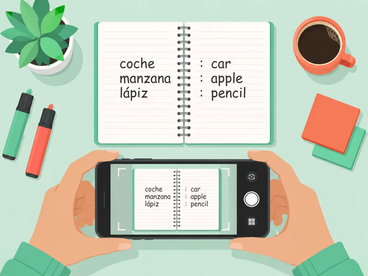 Hands holding a phone to photograph an open notebook with a handwritten vocabulary list: coche: car, manzana: apple, lápiz: pencil.
